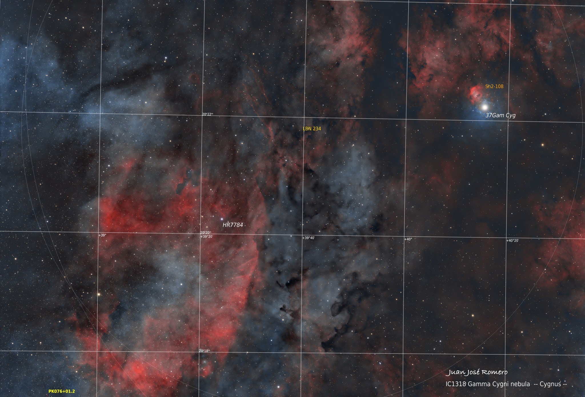 Imatge anotada: IC1318 – Nebulosa Gamma Cygni (entorn de 37 Cygni)